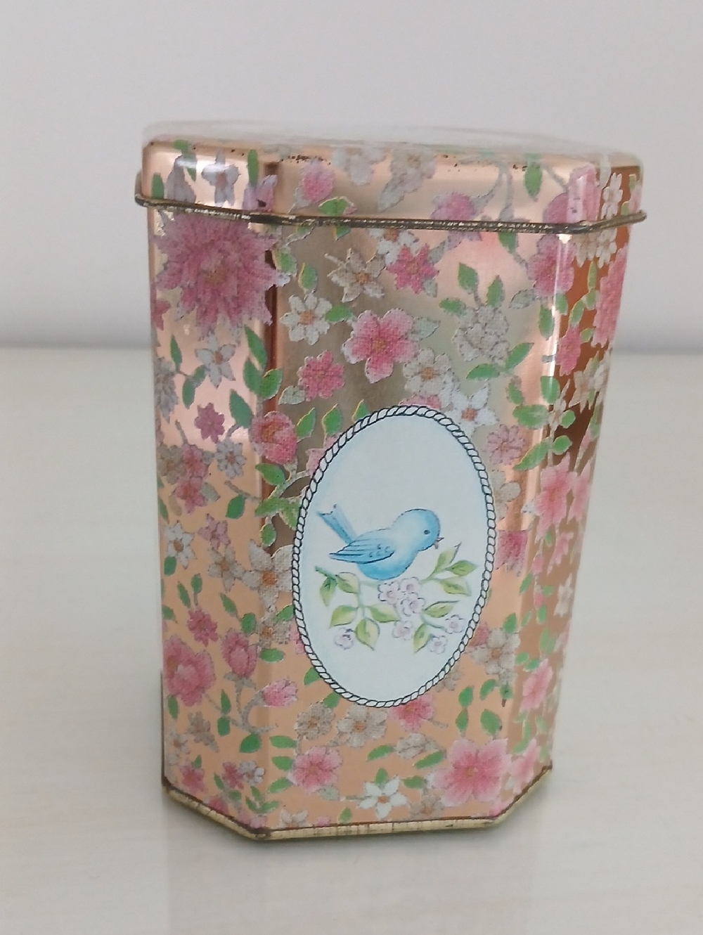 Vintage Meister Brazil Blue Bird Floral Gold Tin 5x3.25"